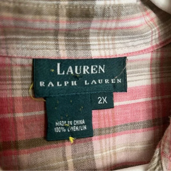 Lauren Ralph Lauren Pink Olive Plaid Linen Shirt – Size 2X Button-Up Top - Picture 6 of 9